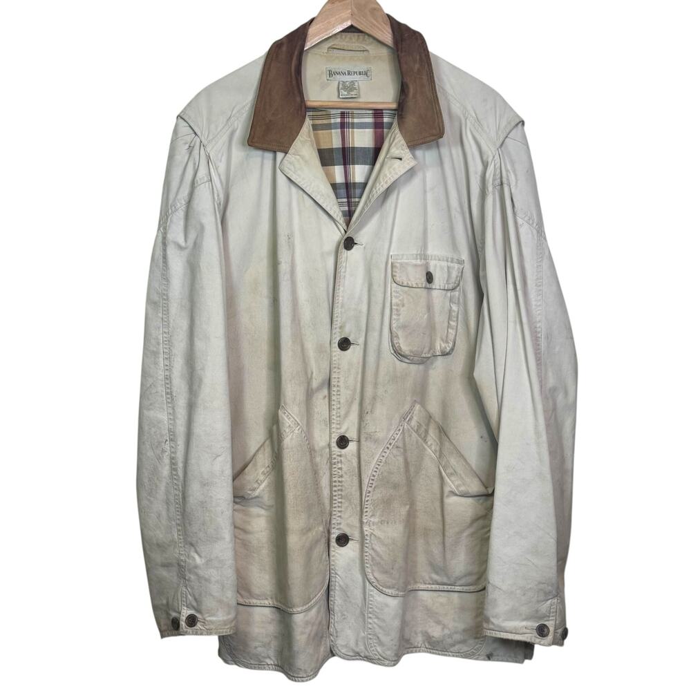 Vtg 1990's Banana Republic Khaki Leather Collar Field Chore Utility Barn Jacket